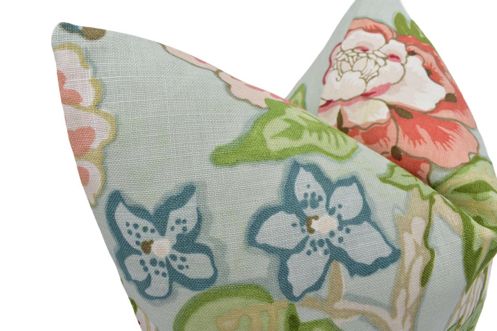 Mary McDonald x Schumacher - Bermuda Blossoms - Aqua - Bold Blue Traditional Floral Japanese Cushion Cover - Colourful Pink Bird Pillow.