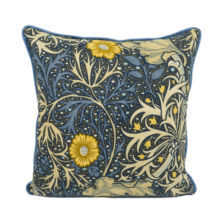 William Morris - Seaweed - Ink / Woad - Classic Morris & Co Art Nouveau Floral Cushion Cover - Blue Yellow Sea Weed Handmade Morris Pillow.