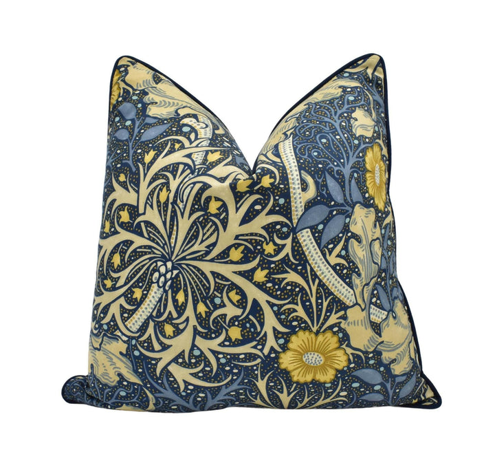 William Morris - Seaweed - Ink / Woad - Classic Morris & Co Art Nouveau Floral Cushion Cover - Blue Yellow Sea Weed Handmade Morris Pillow.