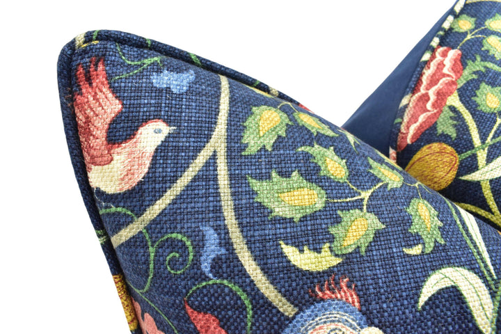 William Morris - Seasons by May - Indigo -  Classic May Morris Mirror Trellis Designer Floral Cushion Cover - Blue Red Yellow Bird Pillow.