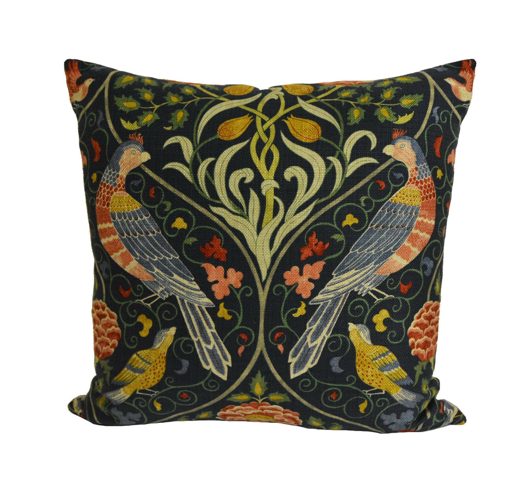 William Morris - Seasons by May - Indigo -  Classic May Morris Mirror Trellis Designer Floral Cushion Cover - Blue Red Yellow Bird Pillow.
