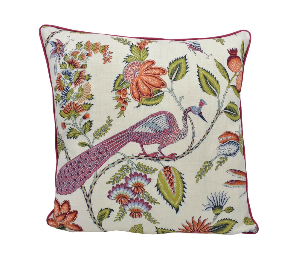 Schumacher - Campagne - Persimmon & Pink - Lush Lively French Floral Designer Cushion Cover - Exotic Botanical Peacock Handmade Pillow.