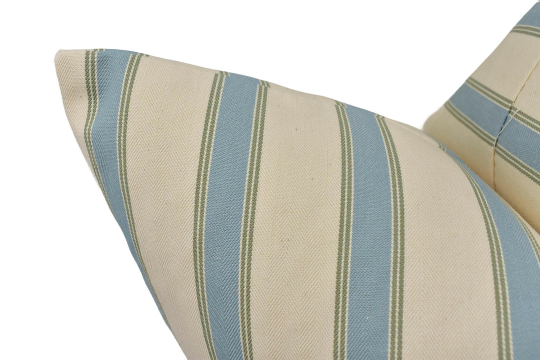 Ian Mankin - Blazer Stripe - Seagreen / Sage - Timeless Blue Striped Designer Cushion - Classic Mankin Green Stripy Pillow Cream Herringbone.