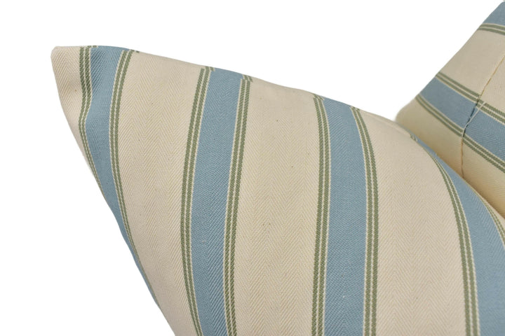 Ian Mankin - Blazer Stripe - Seagreen / Sage - Timeless Blue Striped Designer Cushion - Classic Mankin Green Stripy Pillow Cream Herringbone.