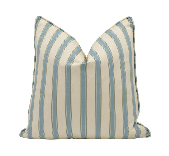 Ian Mankin - Blazer Stripe - Seagreen / Sage - Timeless Blue Striped Designer Cushion - Classic Mankin Green Stripy Pillow Cream Herringbone.