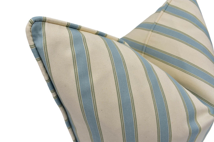 Ian Mankin - Blazer Stripe - Seagreen / Sage - Timeless Blue Striped Designer Cushion - Classic Mankin Green Stripy Pillow Cream Herringbone.