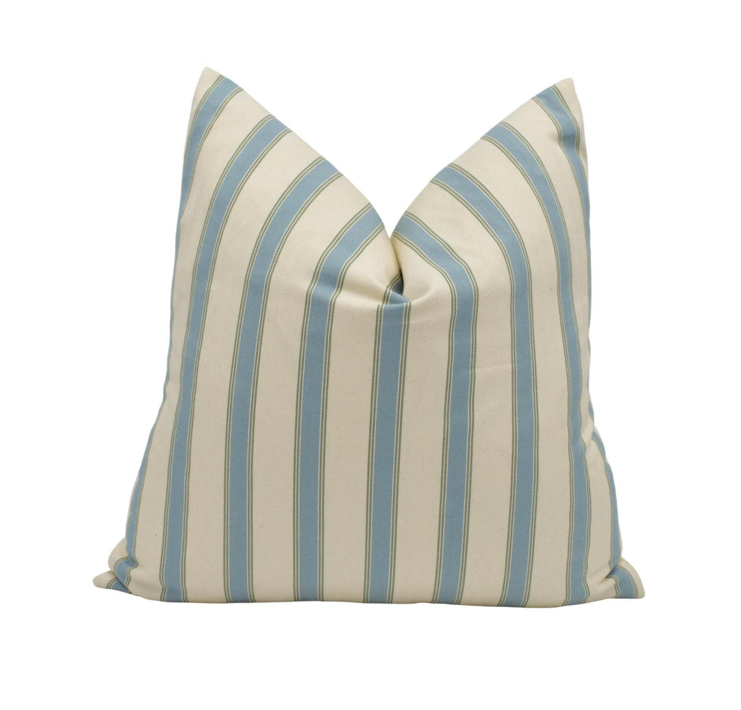 Ian Mankin - Blazer Stripe - Seagreen / Sage - Timeless Blue Striped Designer Cushion - Classic Mankin Green Stripy Pillow Cream Herringbone.