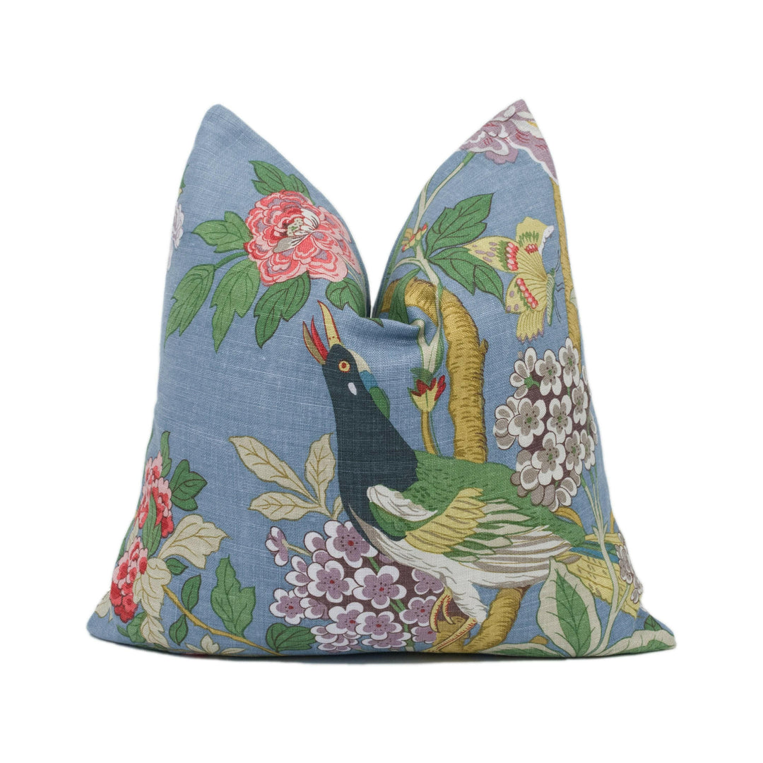 GP & J Baker - Hydrangea Bird - Indigo - Exotic Chinese Bird Designer Cushion Cover - Majestic Blue Pheasant Green Floral Pillow Cover.