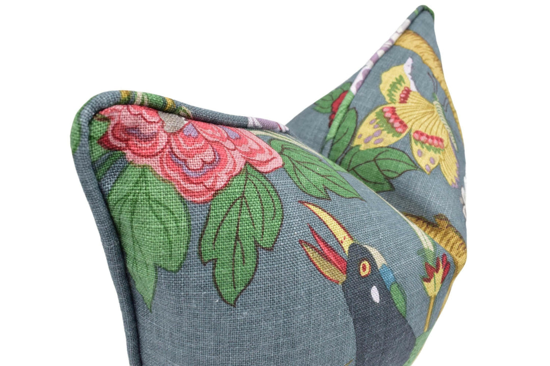 GP & J Baker - Hydrangea Bird - Indigo - Exotic Chinese Bird Designer Cushion Cover - Majestic Blue Pheasant Green Floral Pillow Cover.