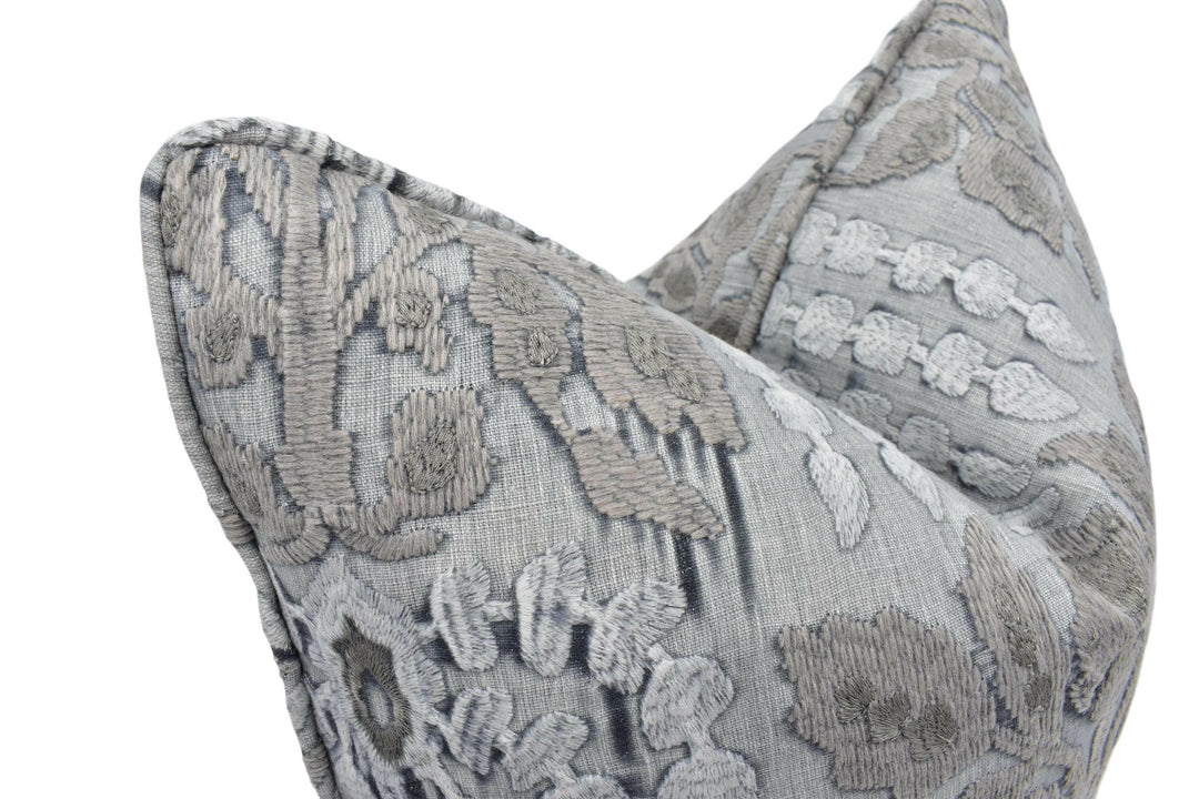 Zoffany - Nirvani Embroidery - Faded Amethyst - Luxury Boho Unique Embroidered Cushion Cover - Blue Grey Gothic Designer Floral Pillow.