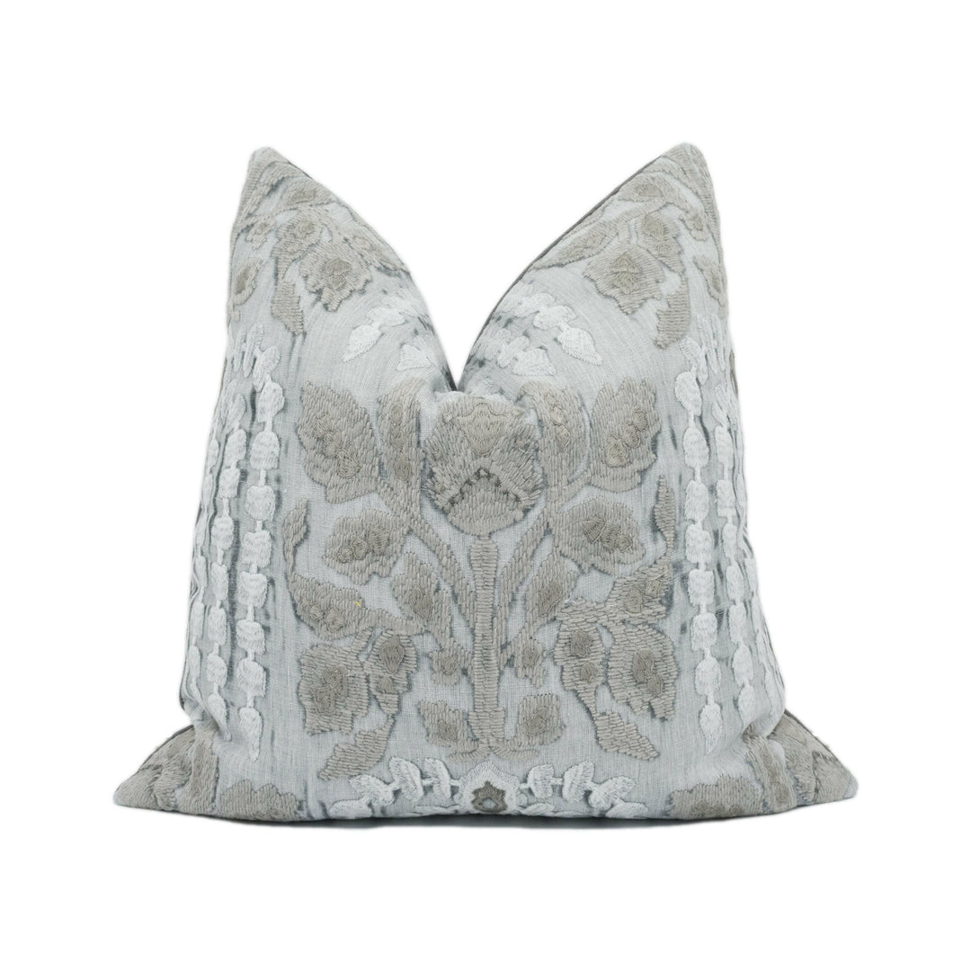 Zoffany - Nirvani Embroidery - Faded Amethyst - Luxury Boho Unique Embroidered Cushion Cover - Blue Grey Gothic Designer Floral Pillow.