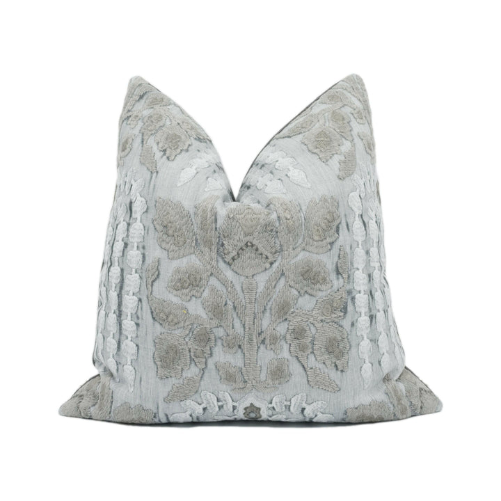 Zoffany - Nirvani Embroidery - Faded Amethyst - Luxury Boho Unique Embroidered Cushion Cover - Blue Grey Gothic Designer Floral Pillow.