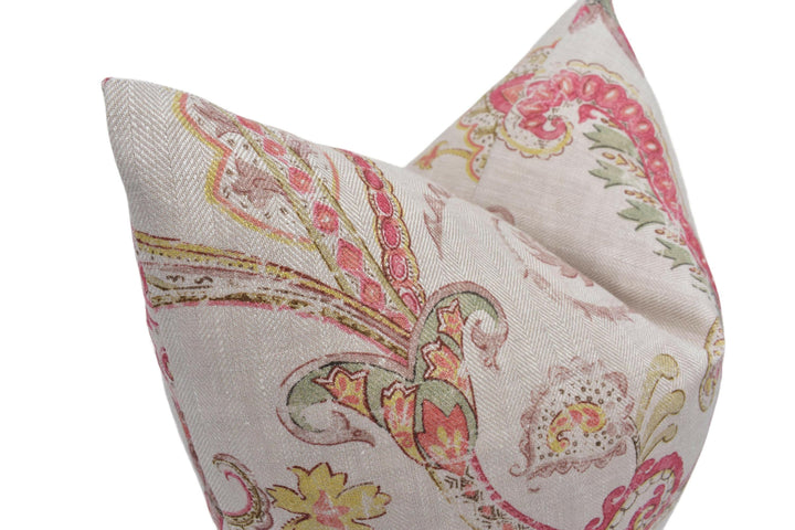 Colefax and Fowler - Cassius - Red / Green - Vintage Style Floral Paisley Pillow Cover - Subtle Cream Herringbone Linen Handmade Cushion.