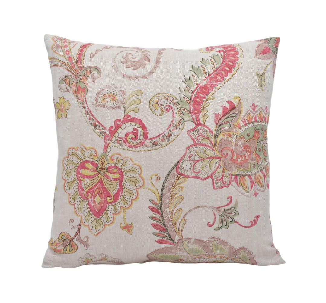 Colefax and Fowler - Cassius - Red / Green - Vintage Style Floral Paisley Pillow Cover - Subtle Cream Herringbone Linen Handmade Cushion.