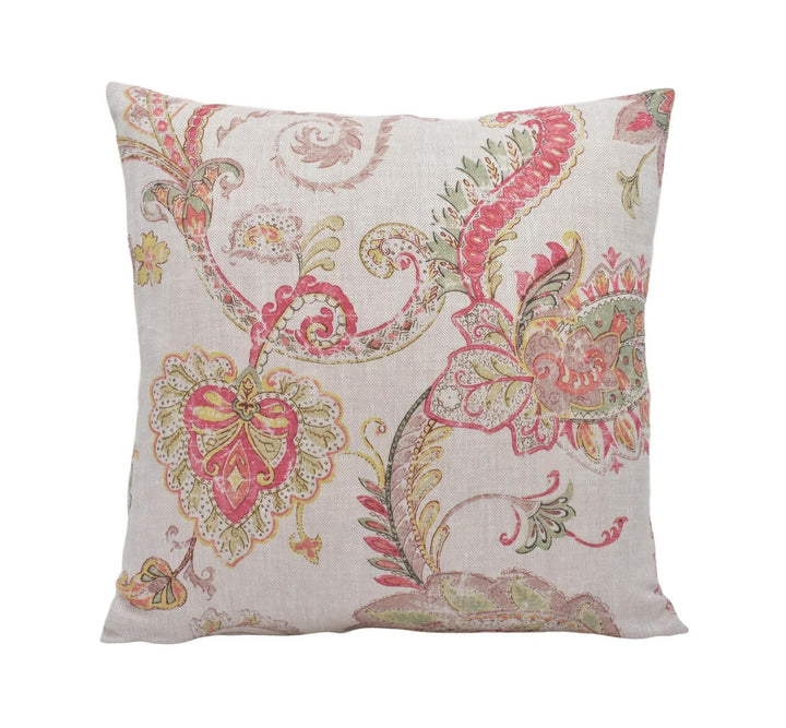 Colefax and Fowler - Cassius - Red / Green - Vintage Style Floral Paisley Pillow Cover - Subtle Cream Herringbone Linen Handmade Cushion.