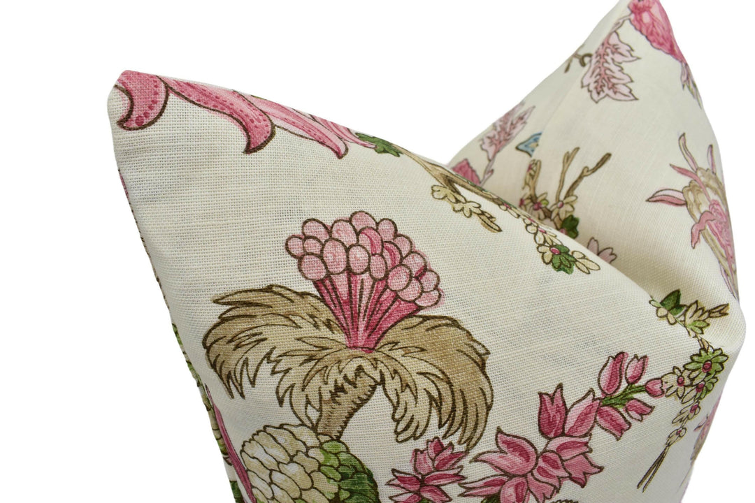 Thibaut - Chatelain - Pink - Designer French Floral Jacobean Cushion Cover - Cream Blush Green Preppy Chic Tree of Life Handmade Pillow.