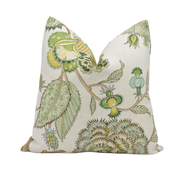 Sarah Bartholomew x Lee Jofa - Palampore Print - Spring - Jacobean Tree of Life Floral Designer Cushion Cover Green Blue Lively Leaf Pillow.