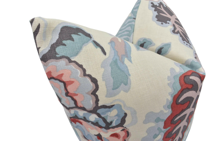 Cowtan and Tout - Palmerston - Rose / Aqua - Stunning Botanical Floral Designer Cushion Cover - Blue Pink Classic Handmade Linen Floral.