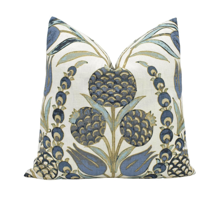 Thibaut - Corneila - Aqua and Blue - Indian Handprinted Designer Floral Cushion Cover - Navy Gold Moroccan Tulip Pomegranate Linen Pillow.