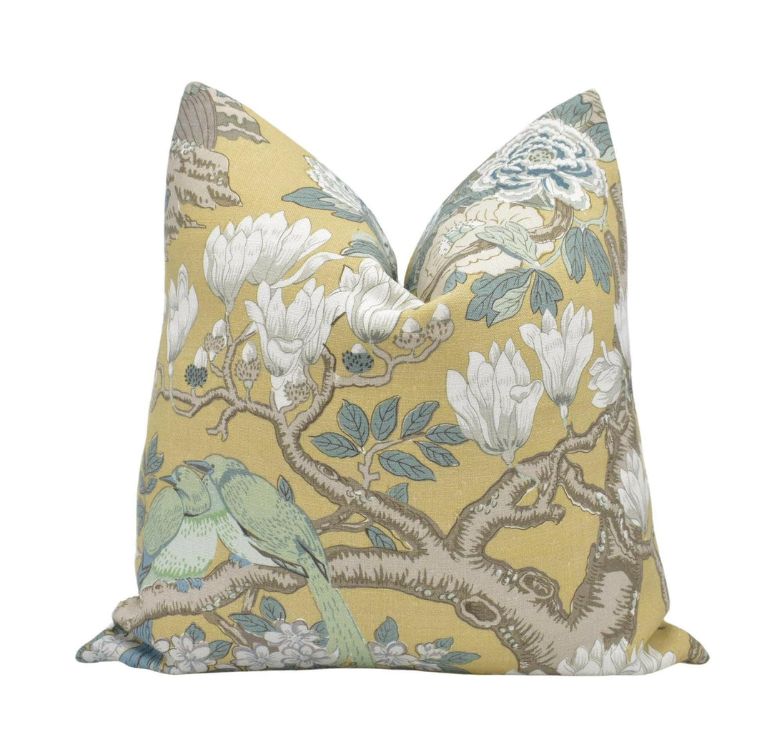 GP & J Baker - Rockbird Signature - Ochre - Yellow Floral Magnolia Bird Cushion Cover - Colourful Chinese Pheasant Exotic Botanical Pillow.
