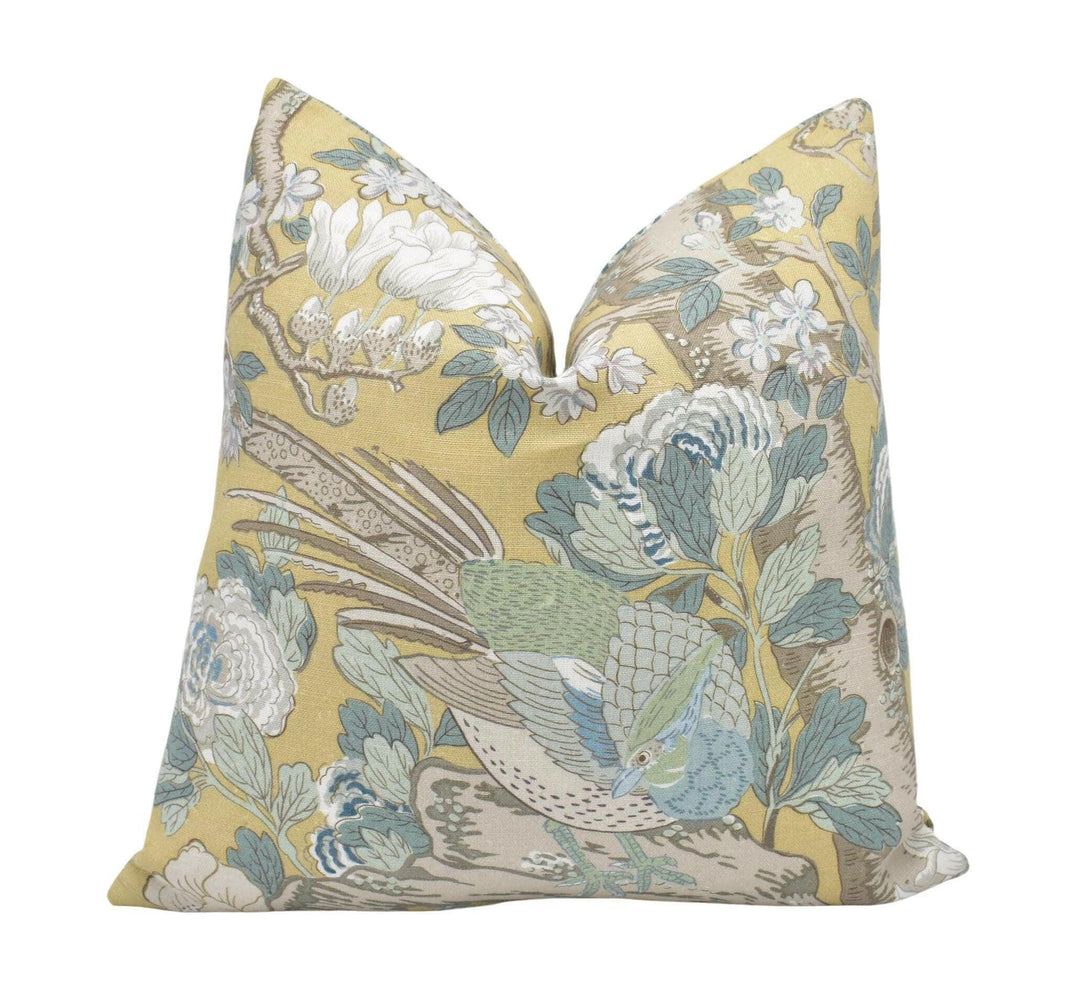 GP & J Baker - Rockbird Signature - Ochre - Yellow Floral Magnolia Bird Cushion Cover - Colourful Chinese Pheasant Exotic Botanical Pillow.