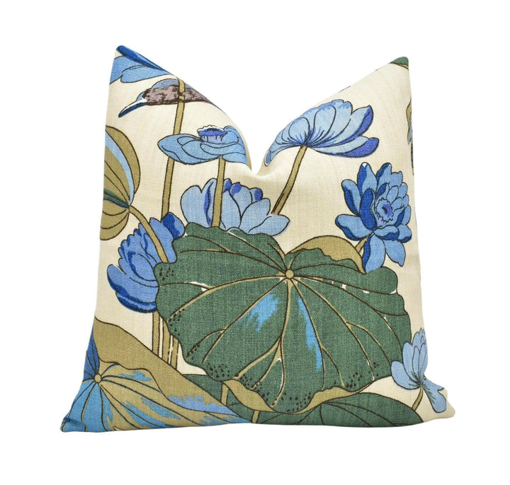 GP & J Baker - Nympheus - Aqua / Teal - Classic Baker Kingfisher Lily Pad Designer Linen Cushion - Blue Green Flora Fauna Bird Pillow.