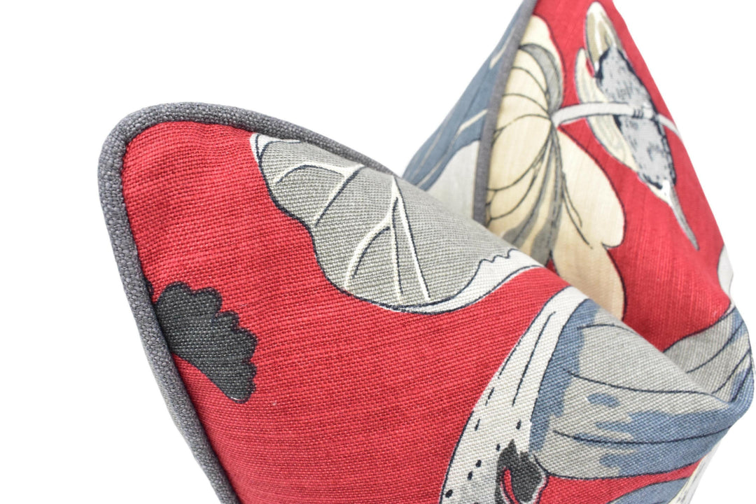 G P and J Baker - Nympheus - Red - Classic Baker Kingfisher Lily Pad Designer Linen Cushion - Red Grey Flora Fauna Bird Pillow.