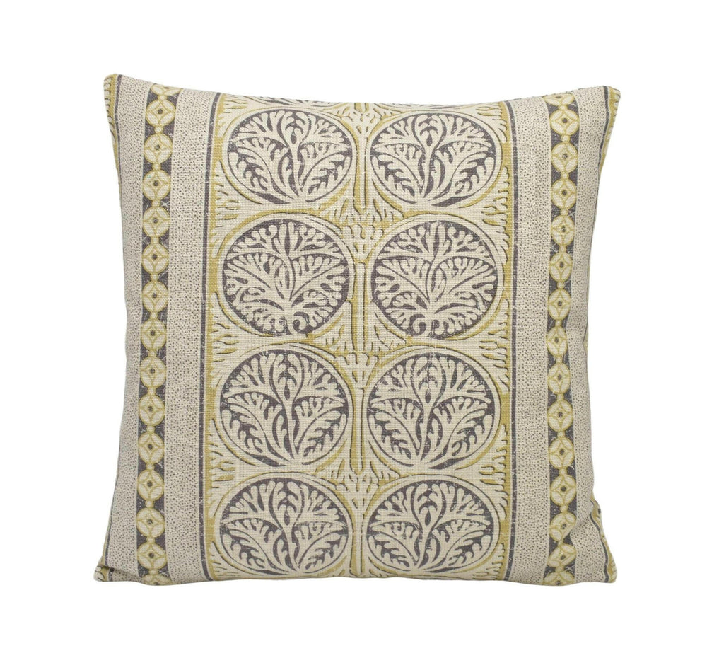 Thibaut - Fair Isle - Grey - Playful Stripe Seaweed Motif Cushion Cover - Yellow Beige Antique Stripy Ochre Handmade Cotton Muslin Pillow.
