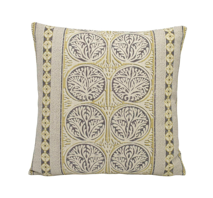 Thibaut - Fair Isle - Grey - Playful Stripe Seaweed Motif Cushion Cover - Yellow Beige Antique Stripy Ochre Handmade Cotton Muslin Pillow.