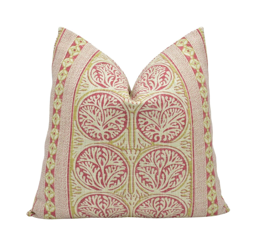 Thibaut - Fair Isle - Red - Playful Stripe Seaweed Motif Cushion Cover - Yellow Beige Antique Stripy Ochre Handmade Cotton Muslin Pillow.