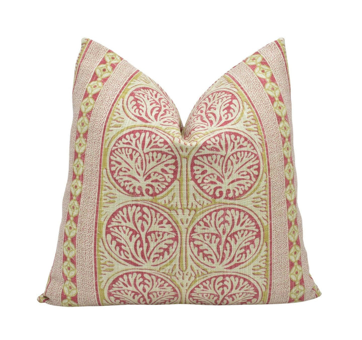 Thibaut - Fair Isle - Red - Playful Stripe Seaweed Motif Cushion Cover - Yellow Beige Antique Stripy Ochre Handmade Cotton Muslin Pillow.