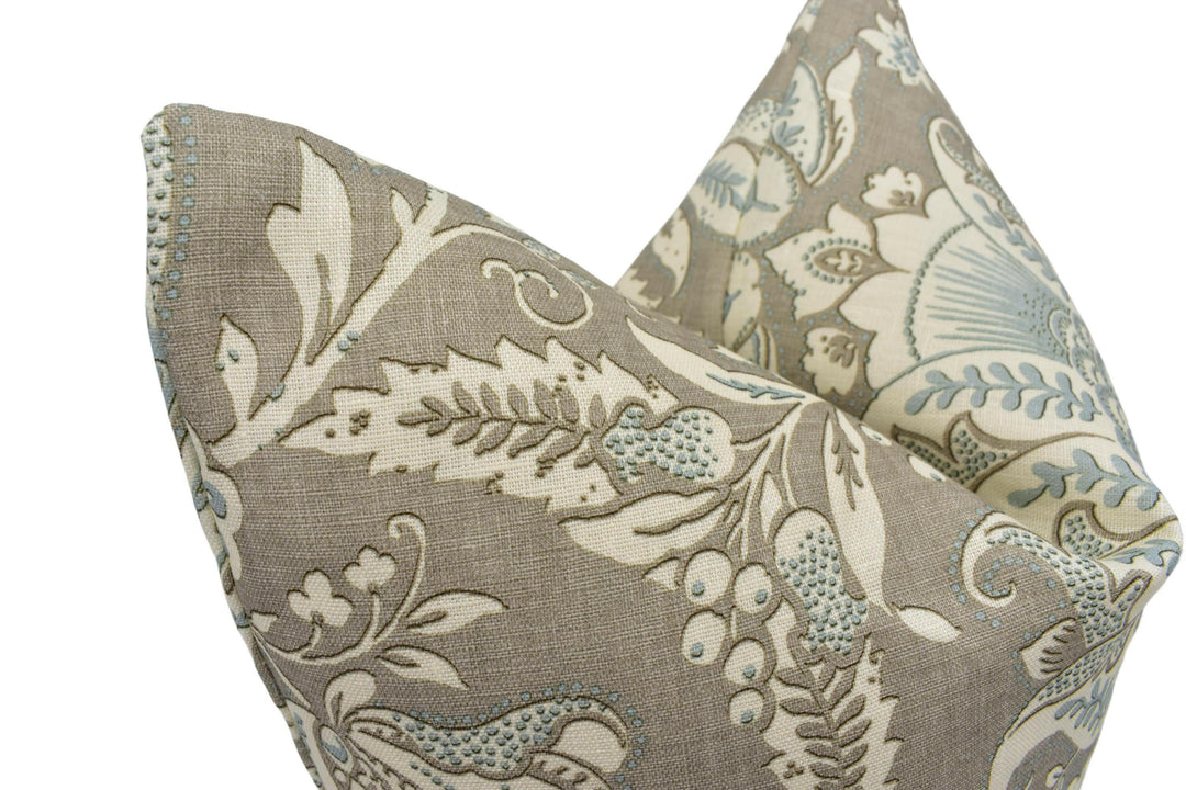 Lewis & Wood x Serge Maury - Wykeham - Casement - French Ethnic Floral Damask Cushion Cover Grey Blue Contemporary Large Scale Floral Pillow.