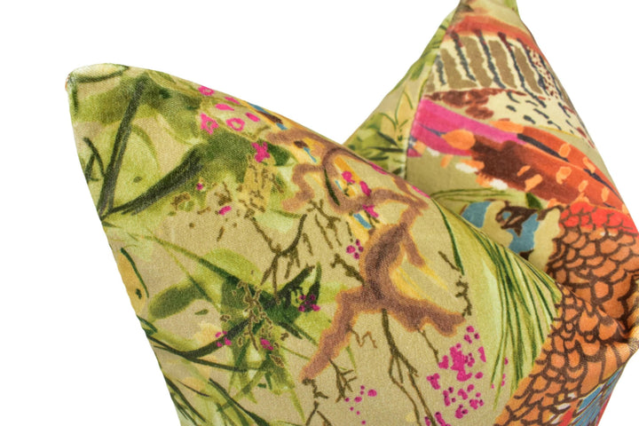 Mulberry - Game Birds Velvet - Fig / Multi - Romantic Bohemian Lush Velvet Cushion Cover - Luxury Designer Bird Pillow Cover - Hunt Lodge.