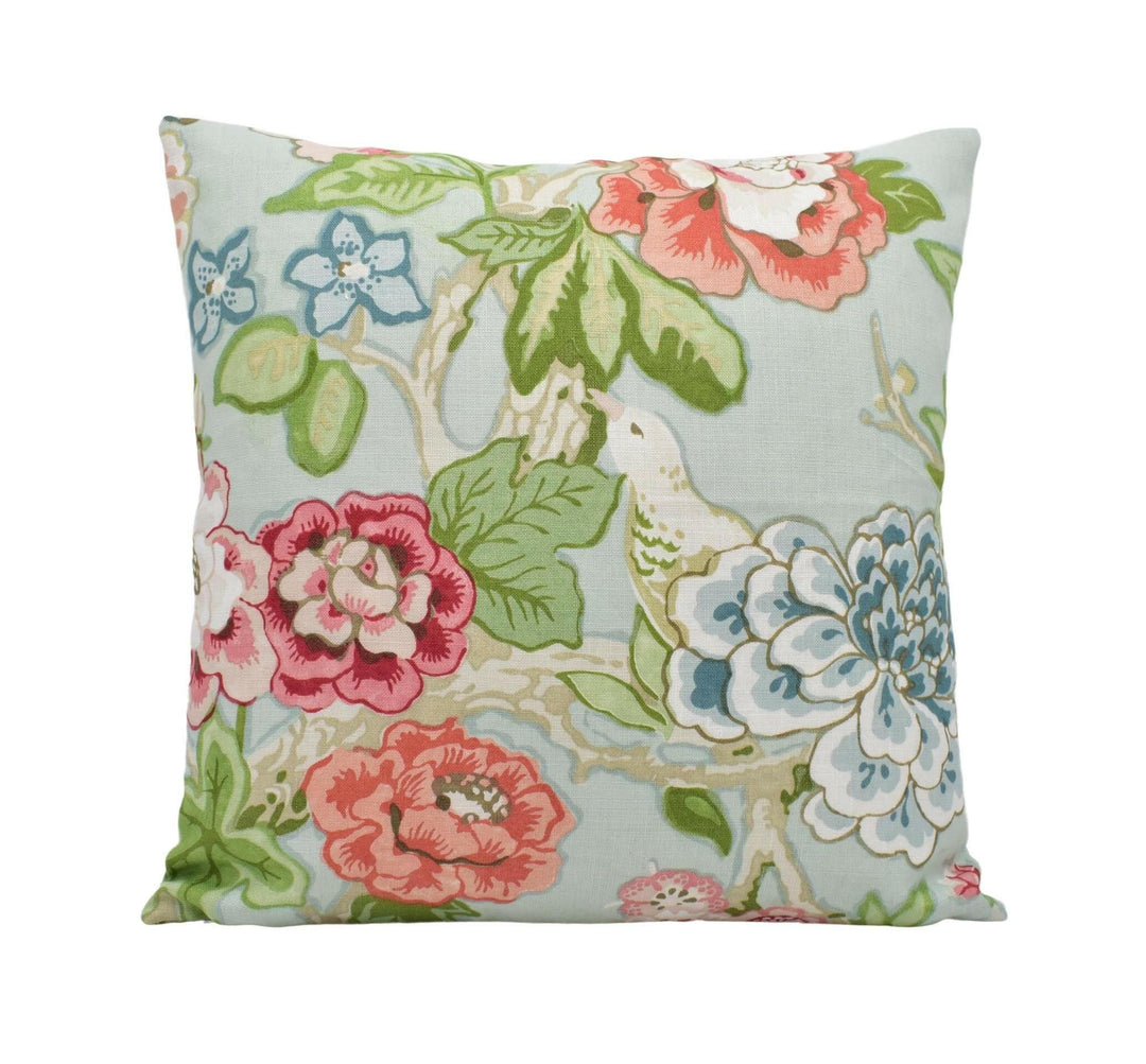 Mary McDonald x Schumacher - Bermuda Blossoms - Aqua - Bold Blue Traditional Floral Japanese Cushion Cover - Colourful Pink Bird Pillow.