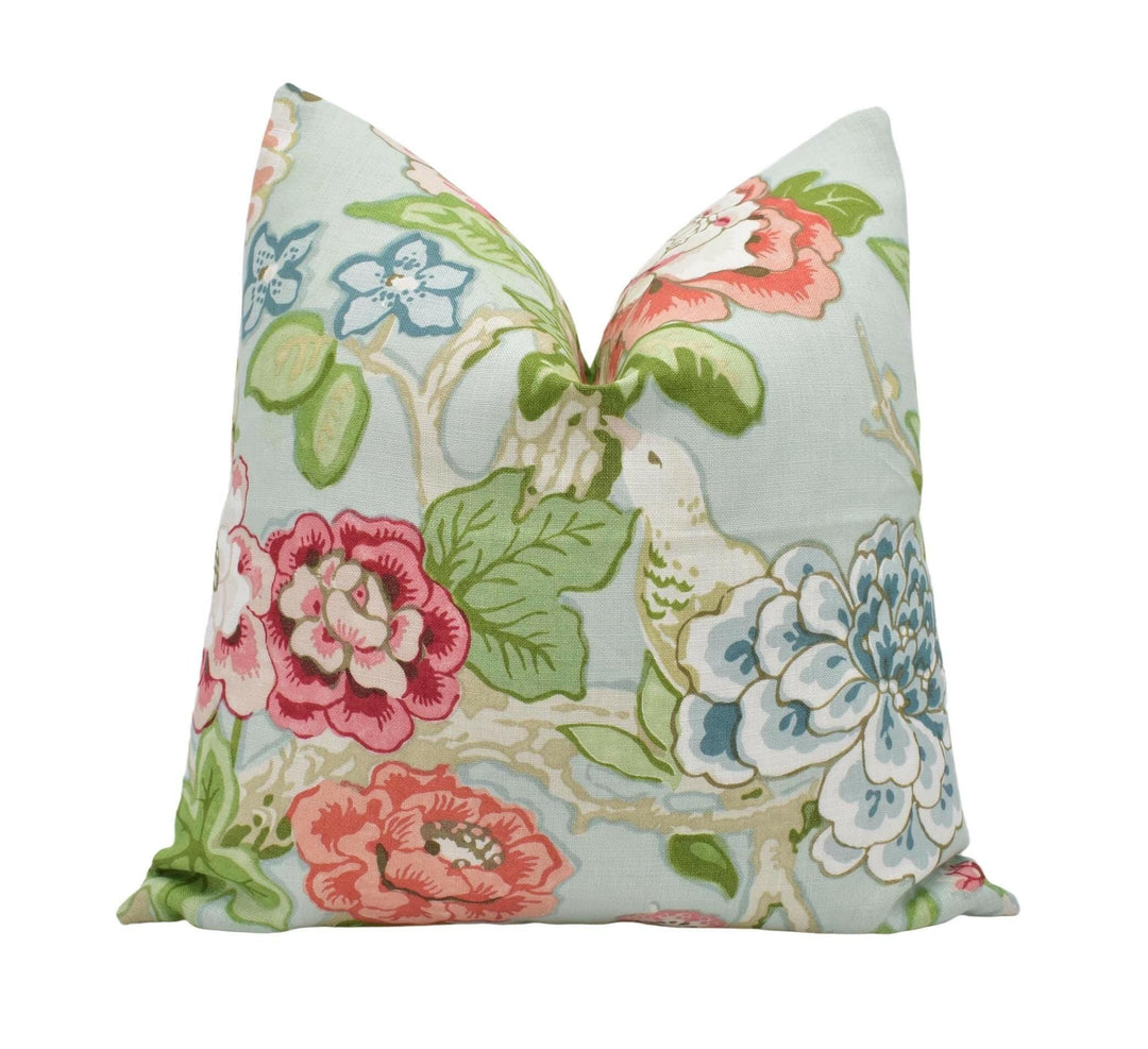 Mary McDonald x Schumacher - Bermuda Blossoms - Aqua - Bold Blue Traditional Floral Japanese Cushion Cover - Colourful Pink Bird Pillow.