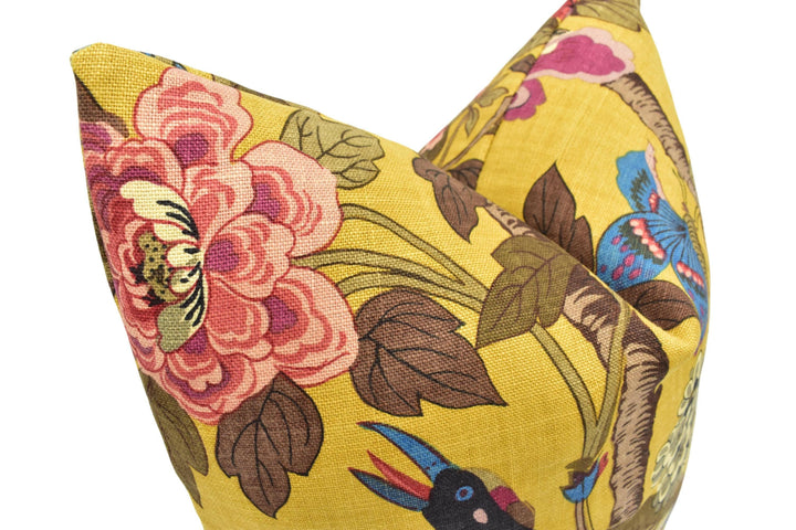 GP & J Baker - Hydrangea Bird - Ochre - Magnificent Exotic Pheasant Designer Cushion Cover Yellow Blue Flora and Fauna Bird Pillow Cover.