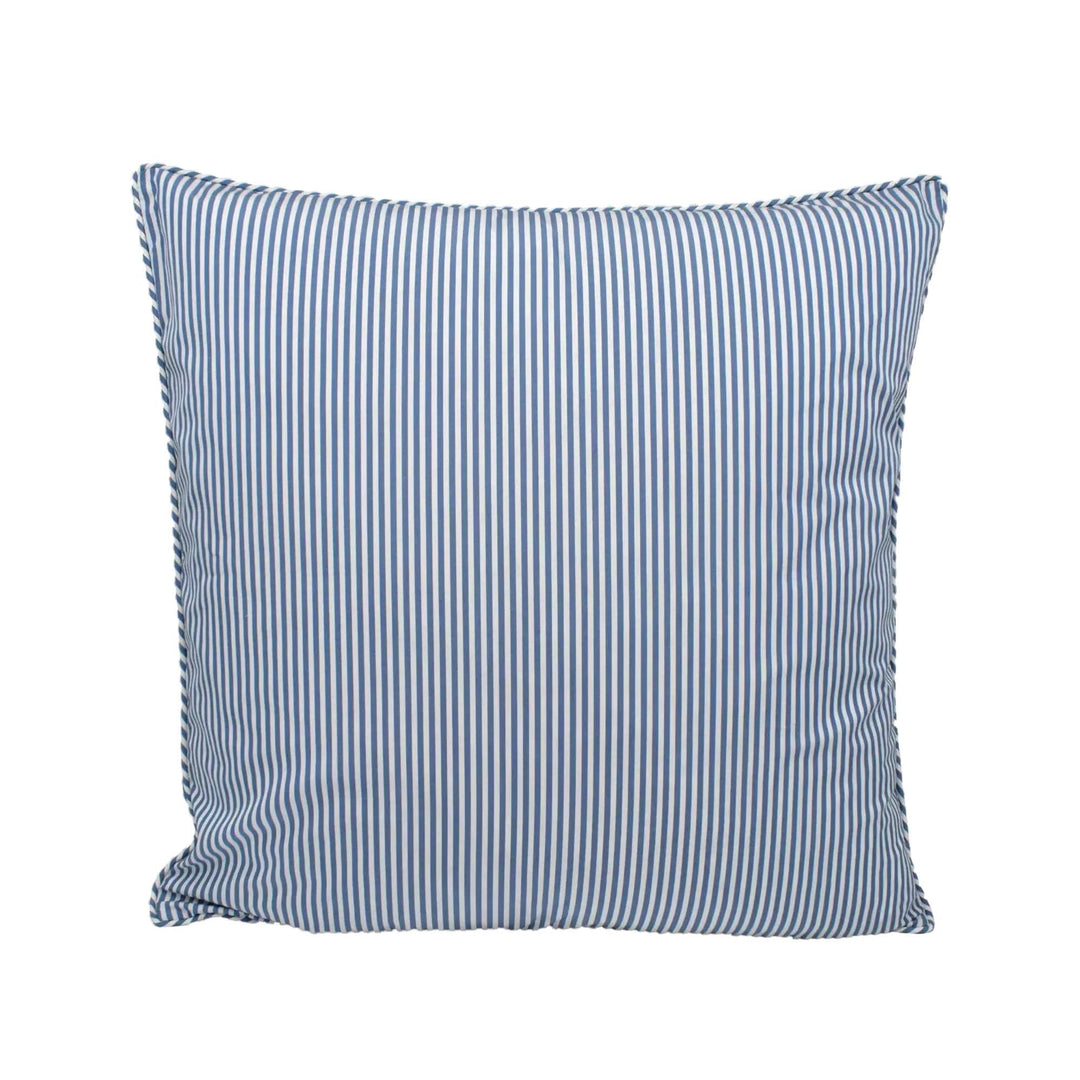 A square throw pillow with a striped pattern in shades of blue and white.