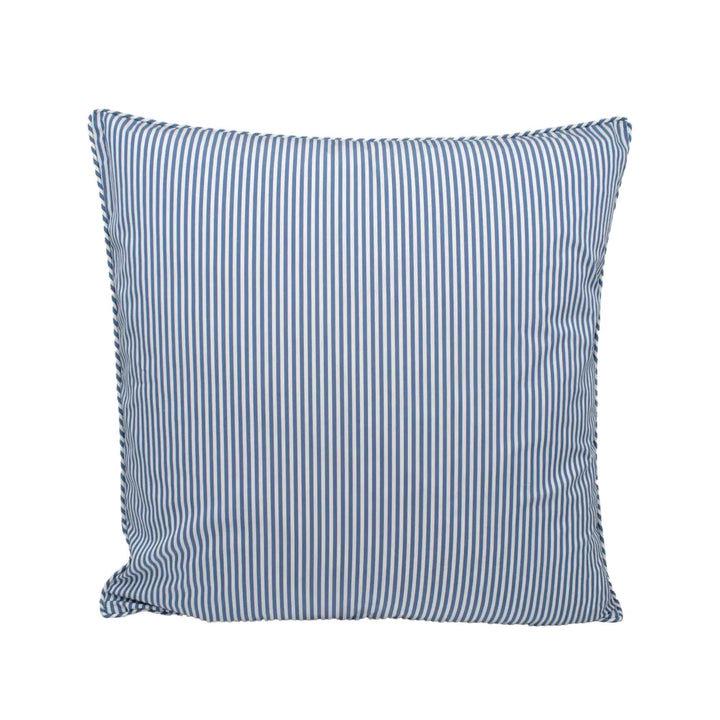 A square throw pillow with a striped pattern in shades of blue and white.