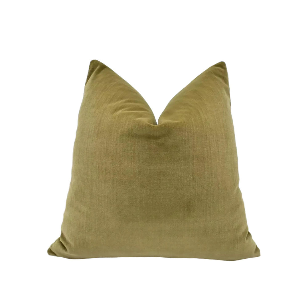 A single, square throw pillow with a textured, olive green color.